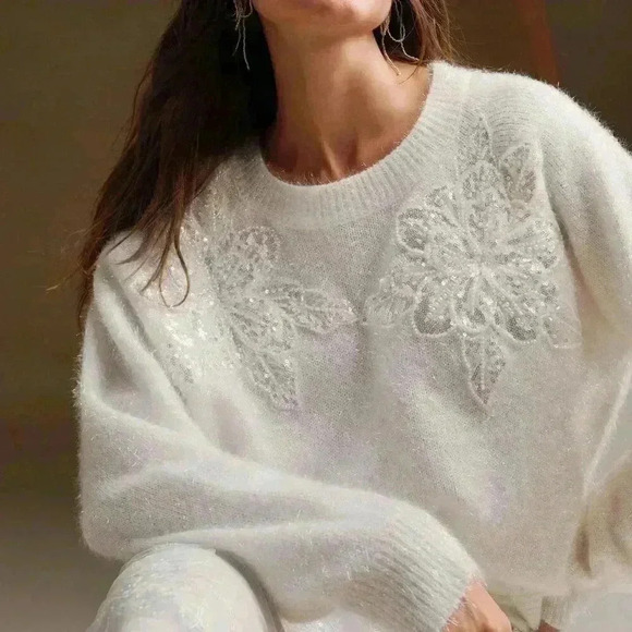 White Casual Women's Elegant Sequin Floral Round Neck Loose Sweater - Picture 5 of 8